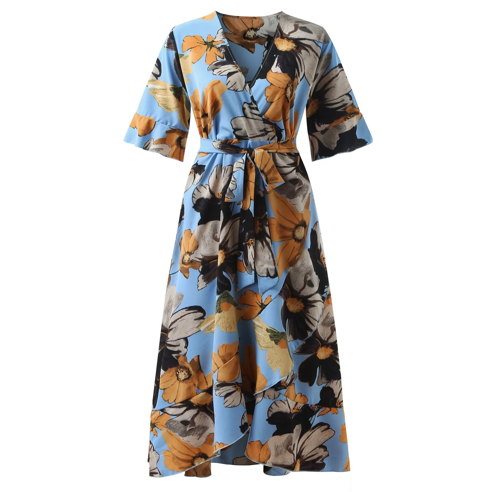2021 Summer Casual Women Clothes V Neck Print Short Sleeve Ruffle Floral Irregular Dress Plus Size Maxi Long Dresses