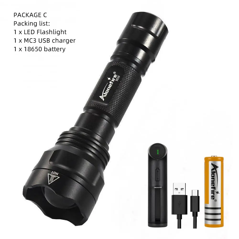 PACKAGE C AloneFire X510 XM-L2 светодиодный светильник-Вспышка Алюминиевый Водонепроницаемый масштабируемый тактический флэш-светильник фонарь выпуклая линза зум-объектив светильник - Испускаемый цвет: PACKAGE C