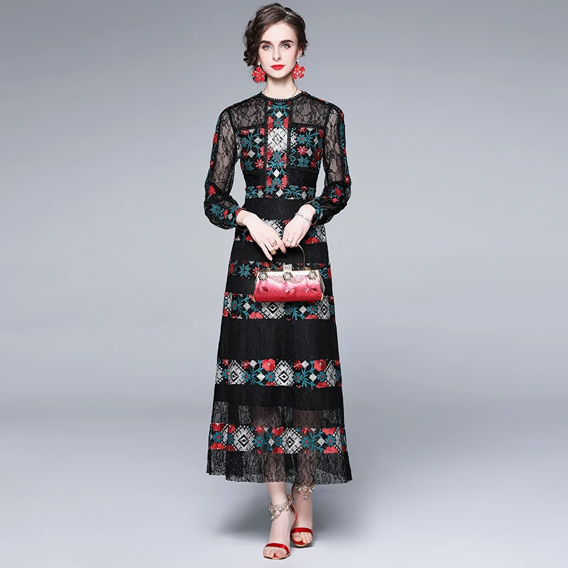 

High Quality Luxury Runway Women's Dress New Fall 2021 Vintage Long-Sleeve Embroidered Lace Dress