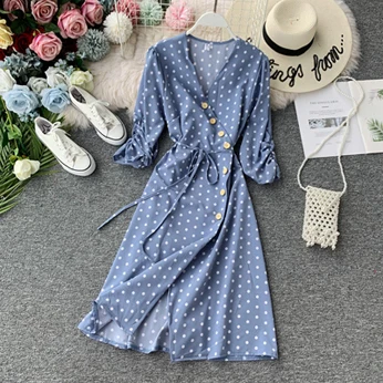 boho dress Платье с запахом, в горошек, с пышными рукавами, осеннее платье, женское платье с v-образным вырезом, женское платье миди, винтажное платье в стиле бохо,, корейское элегантное красное платье - Цвет: boho dress