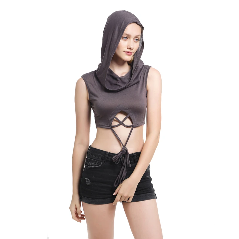 Summer Solid Color Sleeveless Hollow Out Lace Up Hooded Short Vest Exposed Women Sexy Tank Tops Solid Color Casual Tank