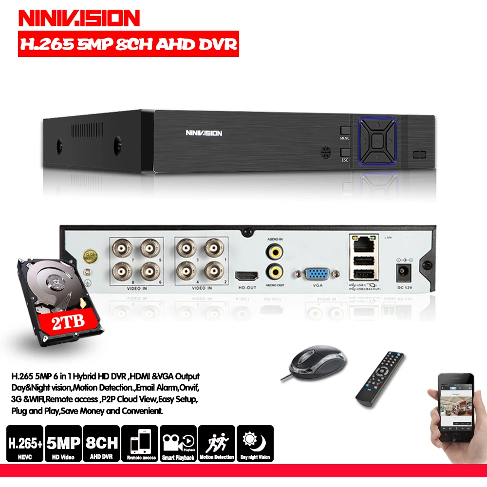 8CH AHD видеорегистратор H.265 + 5MP 4MP 1080P 8 каналов 5 в 1 Гибридный DVR Wifi XVi TVi CVI IP NVR для