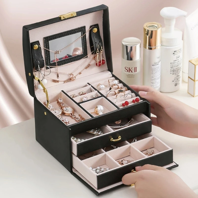 2022 Newly Jewelry Box PU Leather Three-layer Large With Mirror Earrings  Necklace Storage Box Jewelry Display Beautiful Gift