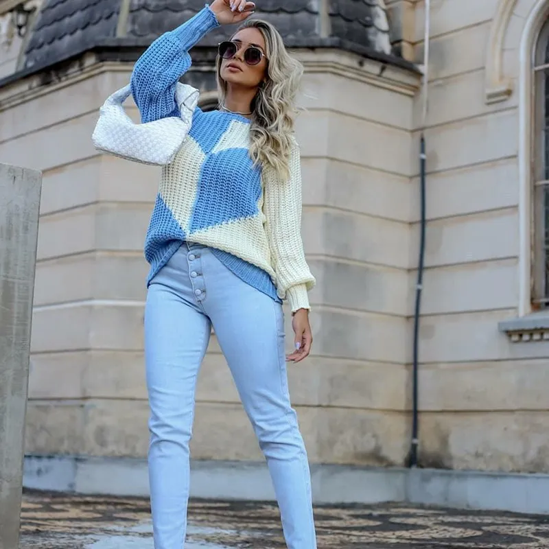 

Women Sweater Autumn Winter Ladies Elegant O Neck Love Print Patchwork Knitted Sweaters Fashion Long Sleeve Casual Loose Sweater