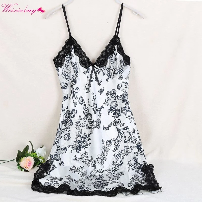 Sexy Women Ladies Fashion Silk Satin Night Dress Sleeveless V-neck Nightgown Lace Sleepwear For Women