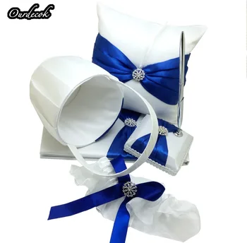 

5Pcs/set Dark Blue Satin Bow Wedding Ceremoney Guest Book/Pen/Ring Pillow/Flower Basket