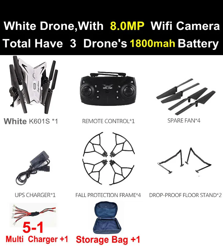 Origin JD601S RC селфи Дрон вертолет Квадрокоптер с HD Wifi FPV камера 30 минут летающее время лучшие подарки VS ky601s Квадрокоптер - Цвет: W 601S 8MP 3B 5-1Bag