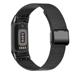Stylish Stainless Steel Milanese Magnetic Loop Wristband Bracelet - Fitbit Charge 5 6 (Black)