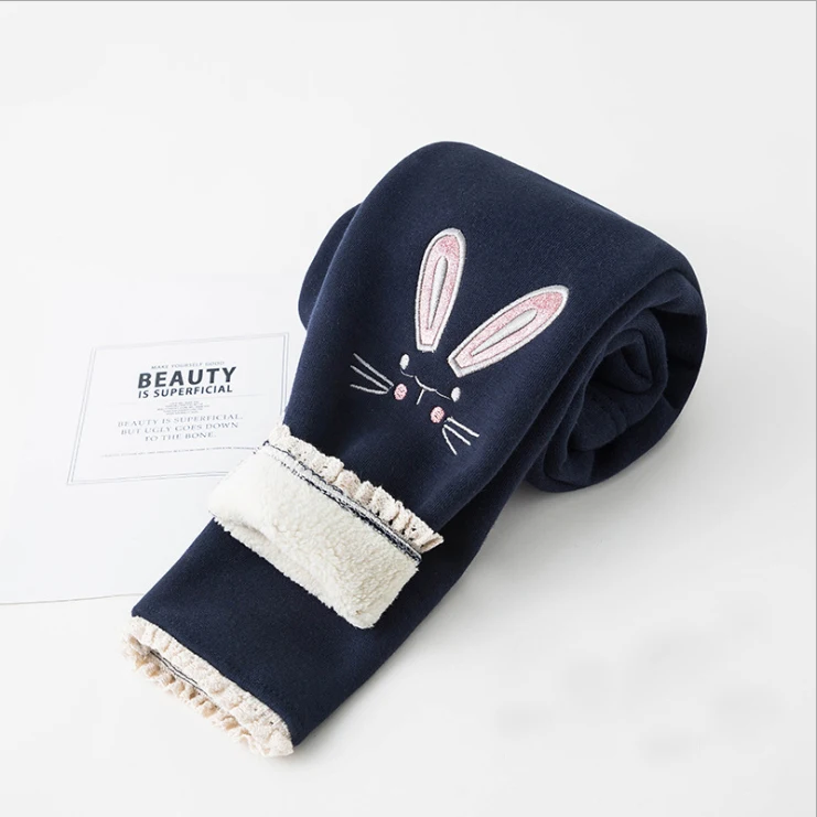 bunny navy Штаны для девочек зимние детские плотные штаны для девочек с флисовой подкладкой штаны для мальчиков теплые хлопковые длинные узкие штаны осенние джинсы для подростков, 3/8/10/для детей 12 лет - Цвет: bunny navy