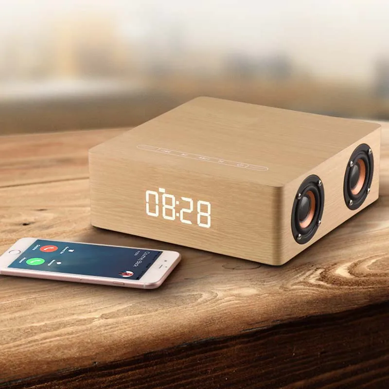 Wholesale Portable Wooden U-disk Reading AUX Play Wireless Bluetooth Loudspeaker with 4 Horns Alarm Clock Music Player