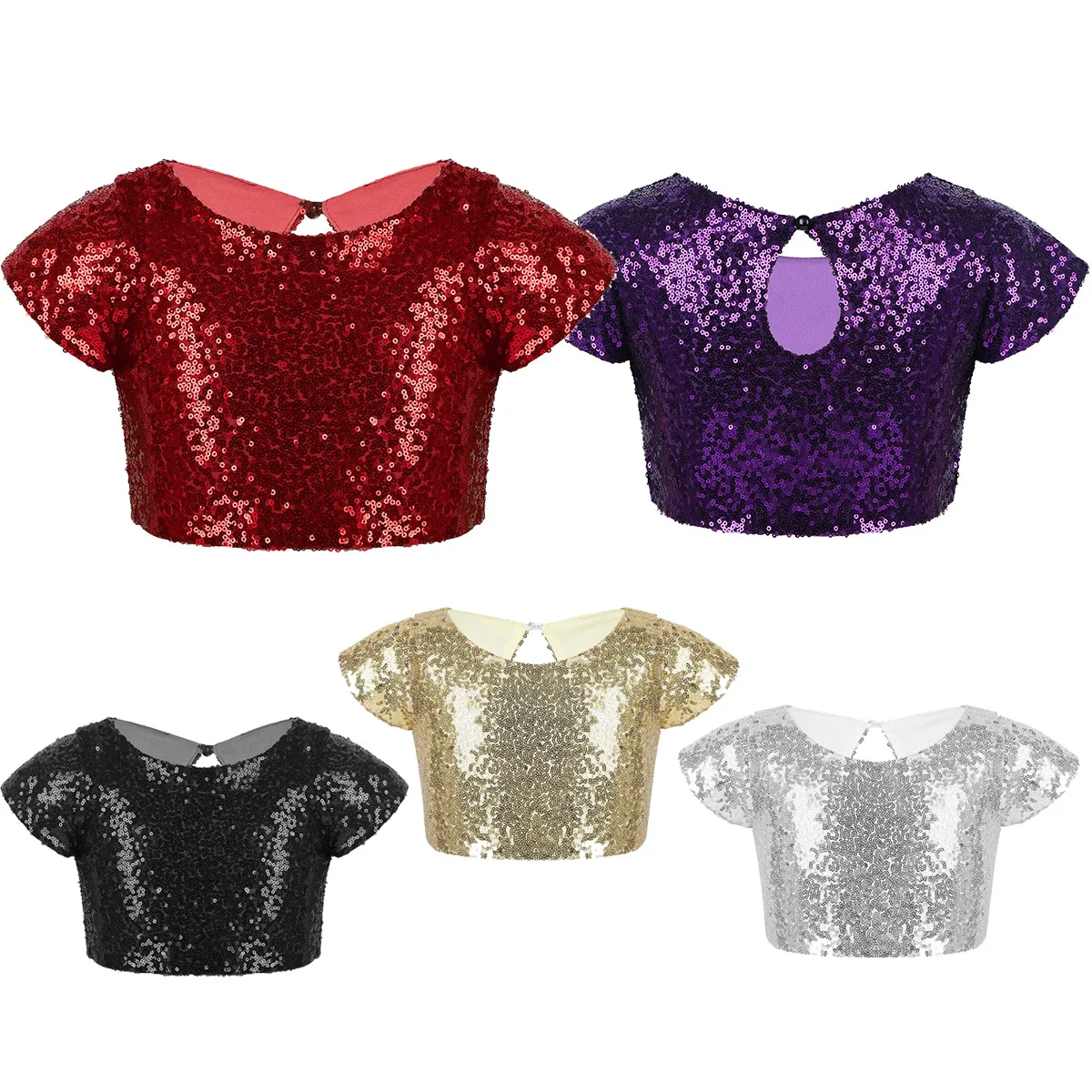 Girls Cap Sleeves Dance Crop Top Sparkly Sequins Party Daily Wear Summer Costume 