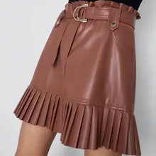Новинка, Осень-зима, Женская Однотонная юбка из искусственной кожи, трапециевидная мини-юбка из искусственной кожи, плиссированная Женская юбка