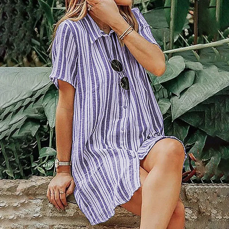 Женская рубашка в полоску большого размера, весна, Новые Топы средней длины, высокое качество, повседневные женские блузки с коротким рукавом
