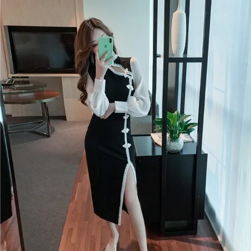Moda feminina, женская одежда, платья для девушек, винтажный стиль, осень, пэтчворк, Империя, стоячий вырез, узкое, до колен, на пуговицах - Цвет: Черный