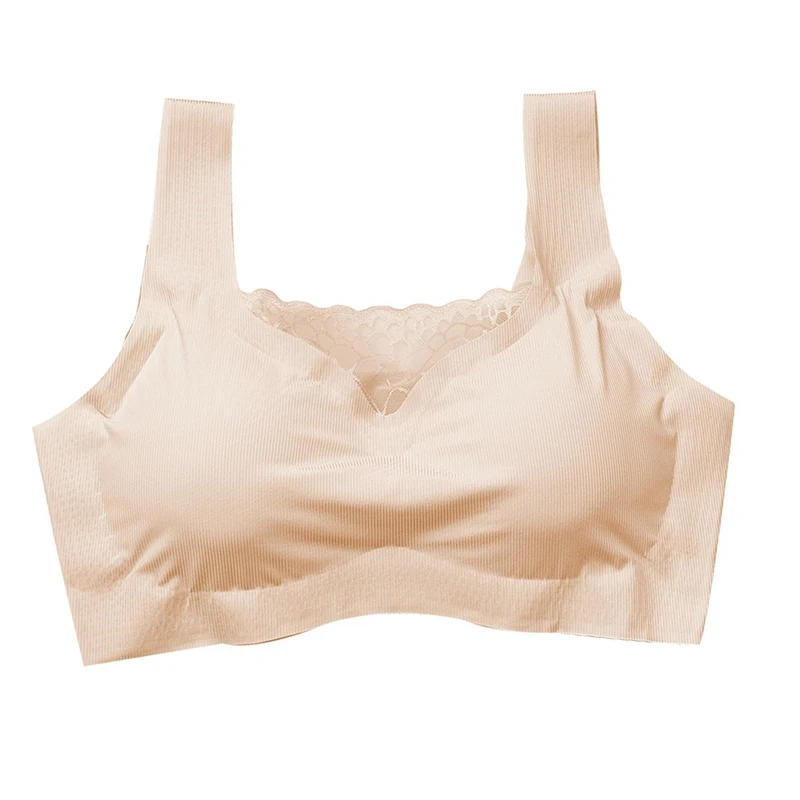 F Ice Silk бесшовный топ без косточек, кружевной, красивый, обернутый сзади, на груди, однотонный, кружевной, с вышивкой, широкий плечевой ремень, тянущийся спортивный бюстгальтер - Цвет: F