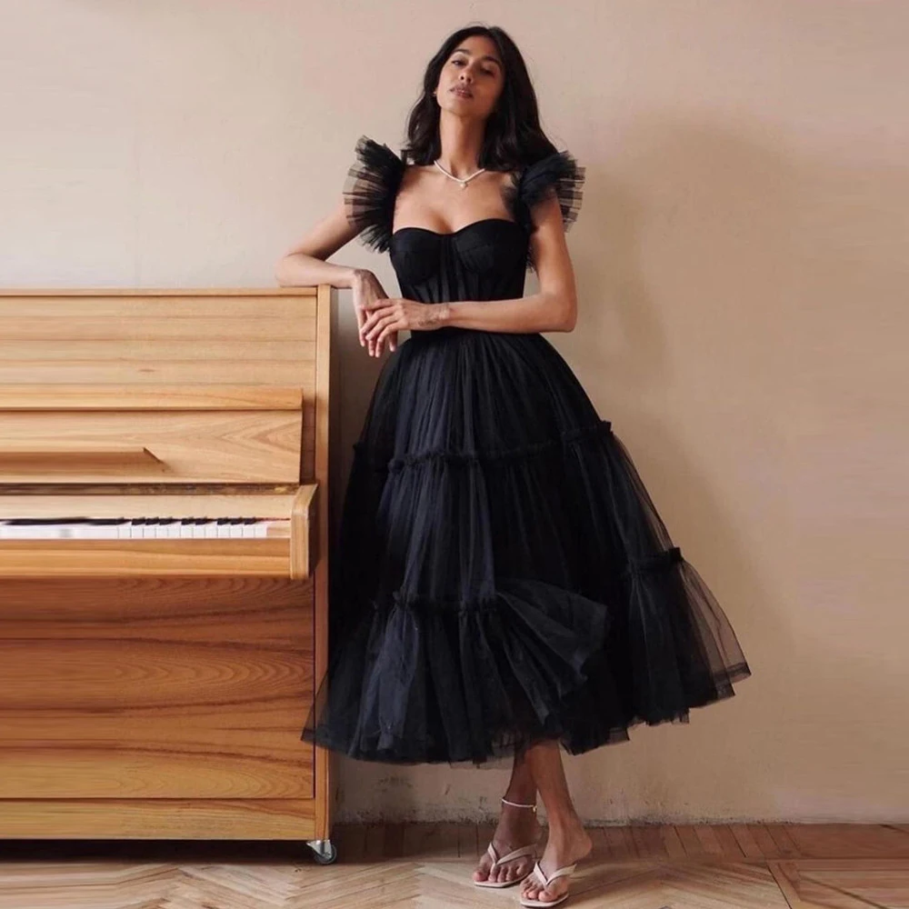 BridalAffair Black Tulle A Line Prom Dresses Strap Sweetheart Bone Tea Length Evening Party Gowns Women Simple Event Gown Outfit