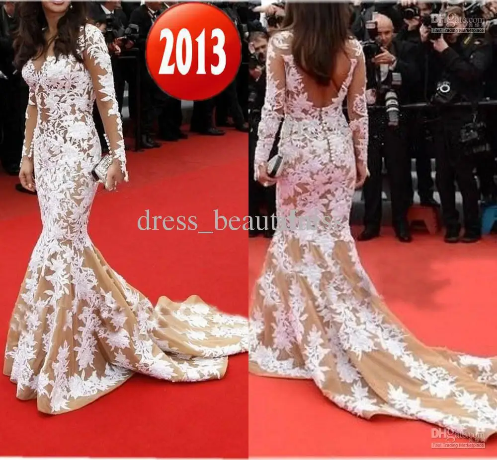 

New Gorgeous celebrity Dresses Vintage V Neck Mermaid Applique Court Organza Long Sleeves 2018 Evening Gown Celebrity Dress