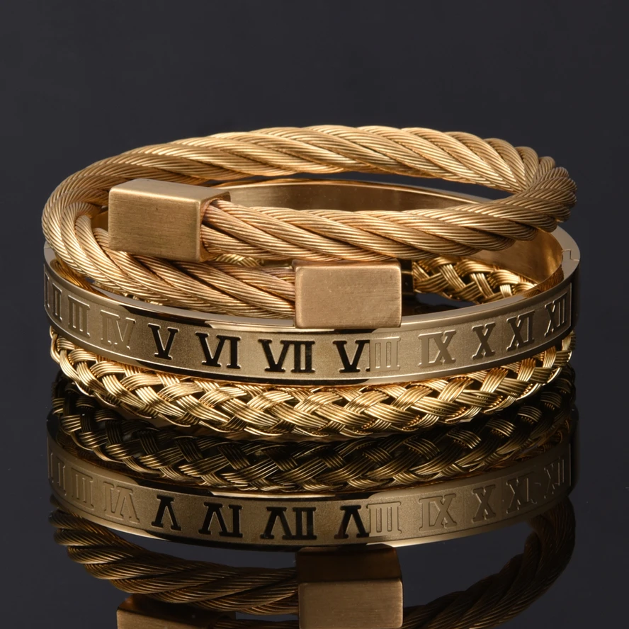 Luxury Roman Number Charm Woven Stainless Steel Bracelet Hip Hop Men Jewelry Gold Color Jewelry For Men Pulseira Bileklik bracelet jewelry