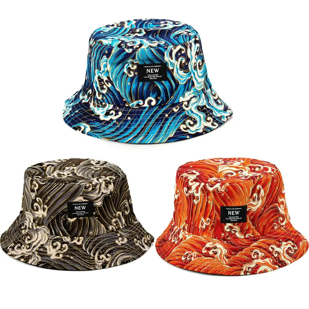 

Fashion Hip Hop Sea Wave Print Outdoor Sun Protection Reversible Bucket Hat Cap