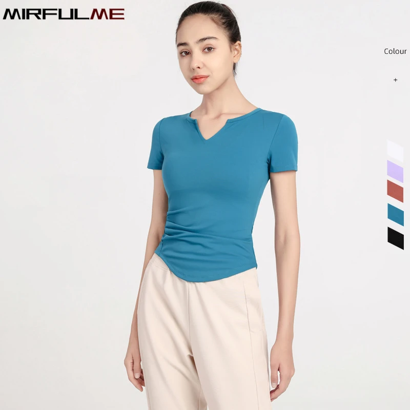 

Summer Women Fold Yoga Shirts V-Neck Short Sleeves Sport T-Shirt Quick Dry Slim Running Shirt Girls Gym Workout Top Blouse Femme