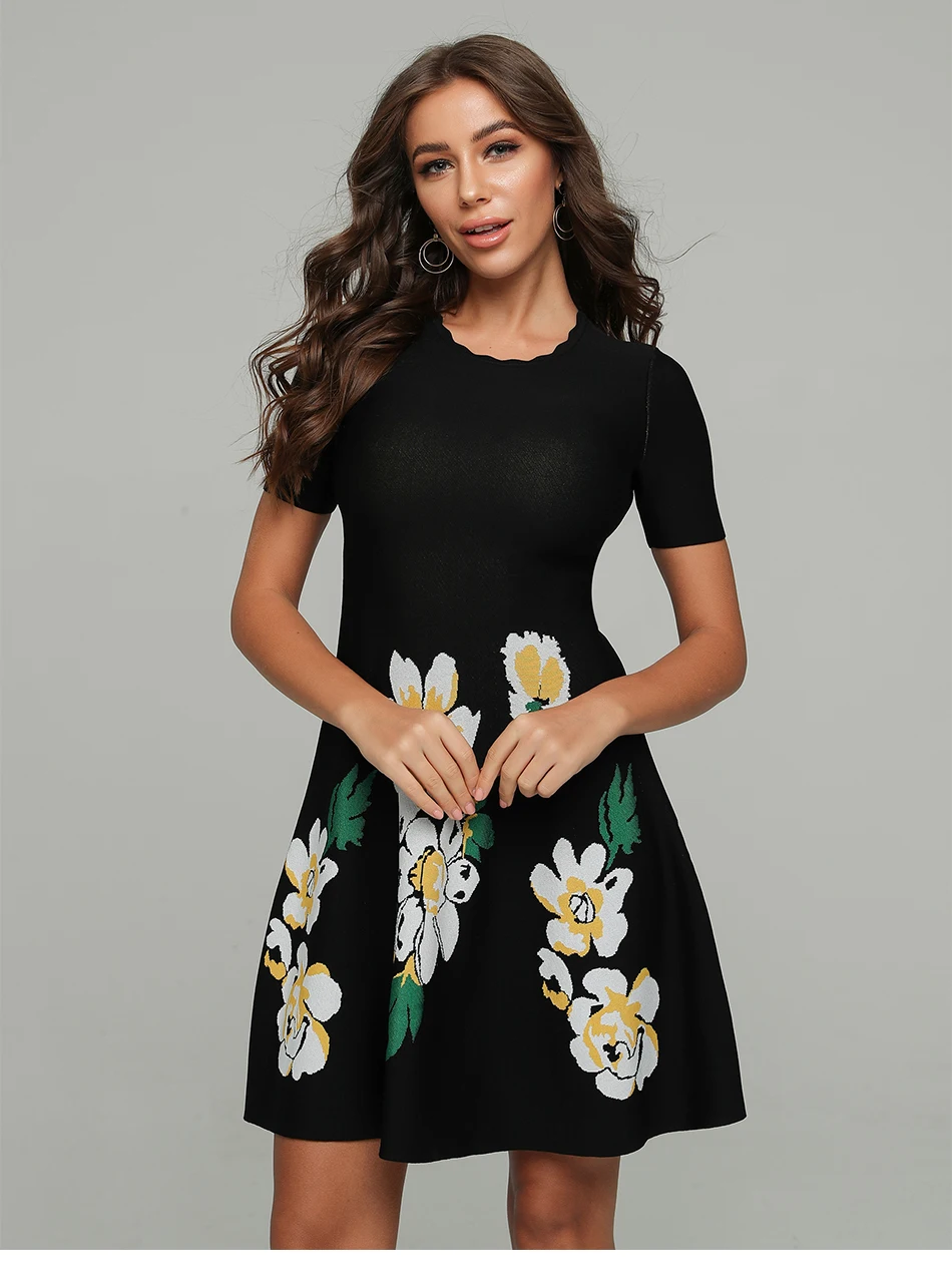 Jacquard dress Women black High Quality Elegant A-line girl Knee-length O-Neck short sleeve Celebrity evening party bodycon new