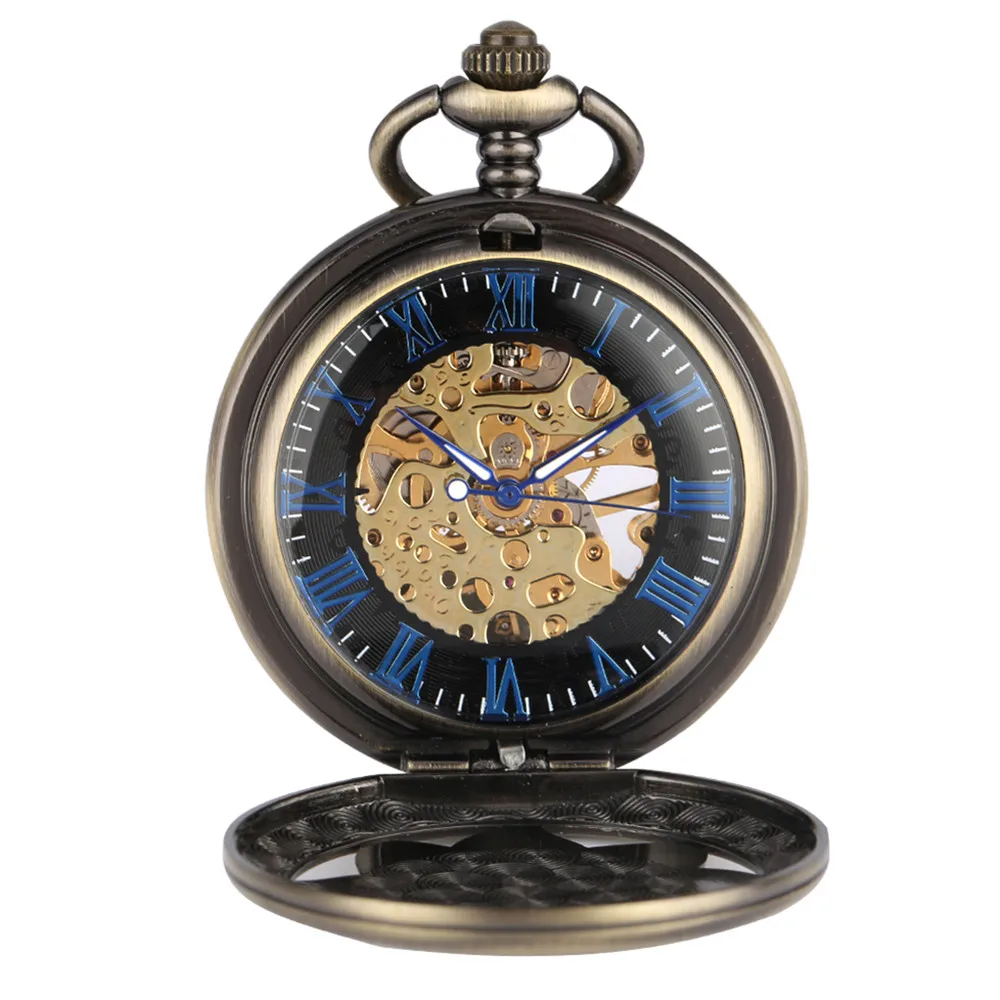 Bronze Lotus Flower Manual Mechanical Pocket Watch Blue Roman Numerals Display Hand Winding Pendant Clock Retro Gifts