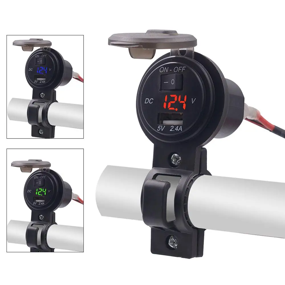 Мотоцикл USB Мощность 5 V/2.4A розетка адаптер AC/DC 12 V-24 V Водонепроницаемый Moto Зарядное устройство штекер вольтметр крепление на руль велосипеда(розетка с выключателем