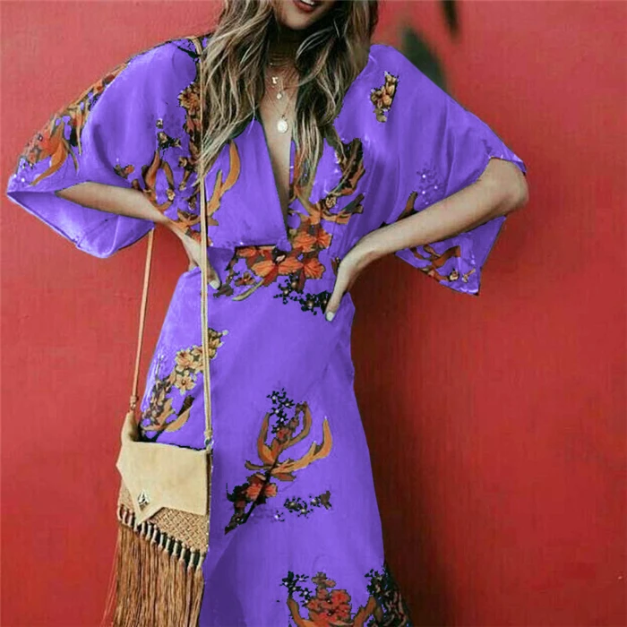 V Neck Women Wrap Dress Floral Print Kimono Style Half Sleeve Long Maxi Dress Boho Ladies Beach Dress Vestido Plus Size 3XL - Цвет: Фиолетовый