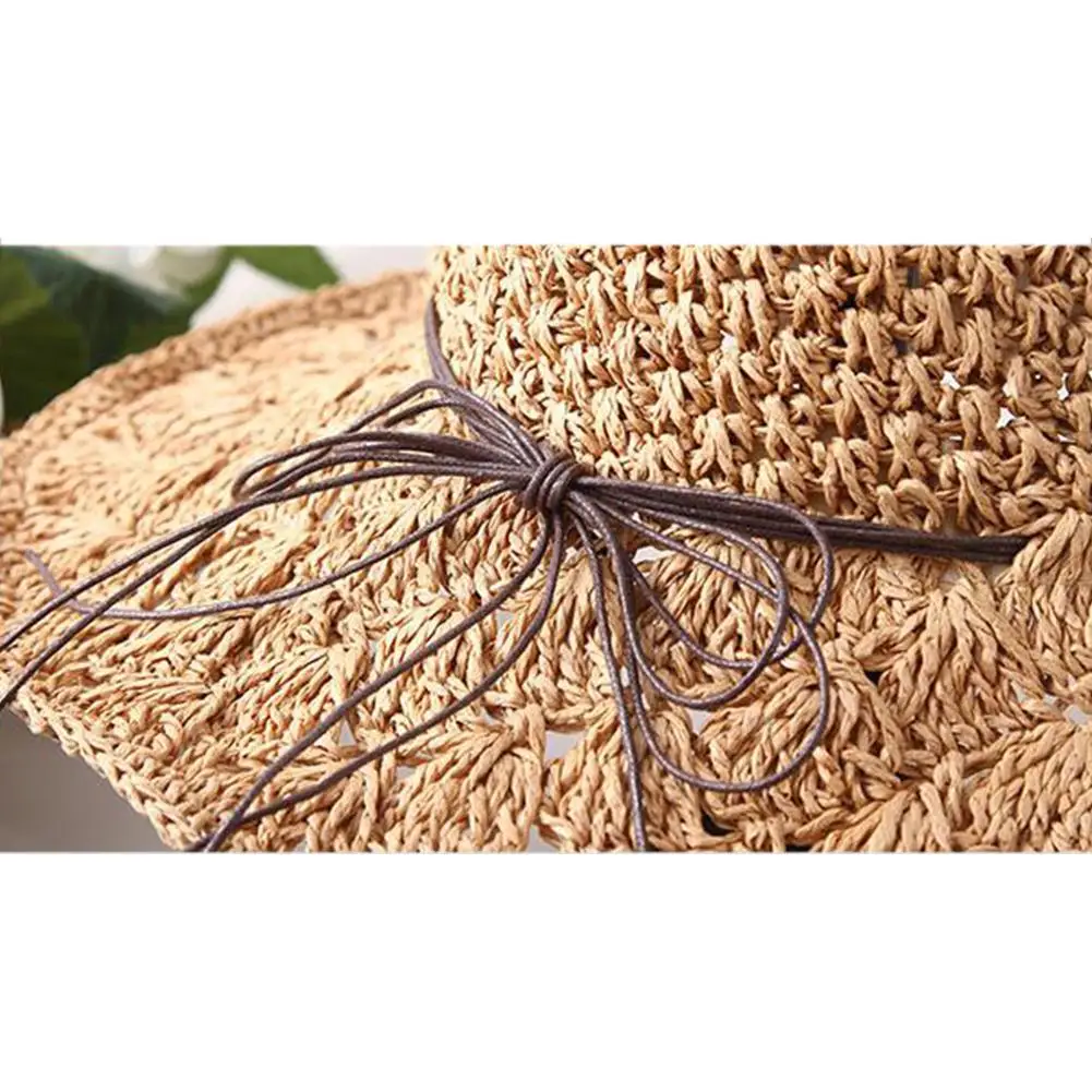 Studyset Woman straw hat straw weaving Handmade Straw Hat Large Brim Foldable Beach Bow Knot Sun Hat 80g