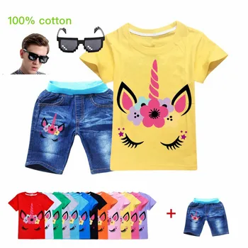 

Unicorn Cartoon Children's Clothing Fashion Cotton Boys Girls Tops+Denim Shorts Suit Unicorn Cosplay T Shirt Kids Sportswear Set