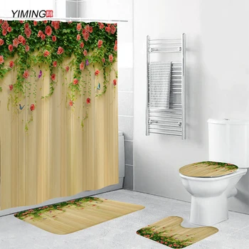 

YIMING Bathroom decoration set 4PCS red rose flower printing non-slip cushion toilet seat cushion carpet shower curtain set