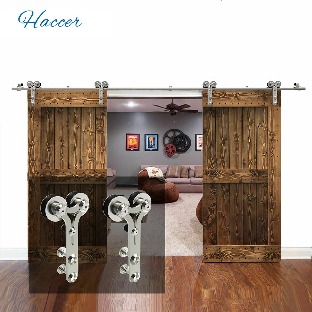 

HACCER Y-Shaped 4-16FT Barn Door Slide Track Hardware Kits Wood and Glass Sliding Door Rail Hanger Hardware for Double Door