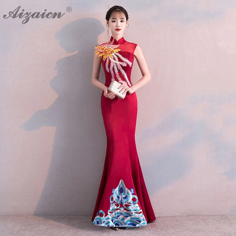 Красный Русалка Вышивка Cheongsam современные невесты вечерние платья Qi Pao женское китайское свадебное платье Qipao продвижение халат