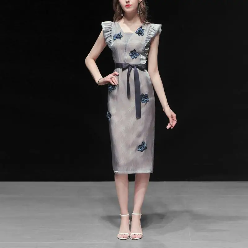 

2019 New Women office Lady Dresses Grey Color Ruffles Floral Embroidery Straight Office Long Dress Clothes Bow Tie Belt Clothes