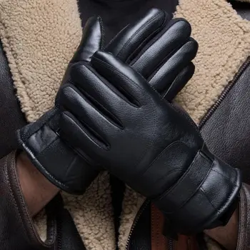 

HOT Men PU Leather Gloves Women Fashion Black Touch Screen Waterproof Velvet Warm Ladies Non-Slip Full Finger Gloves