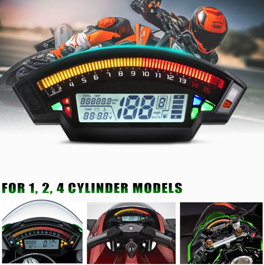 MotorcycleDigitalSpeedometer199kmhRevCounter15000RPM6GearFuelLevelLEDDisplay