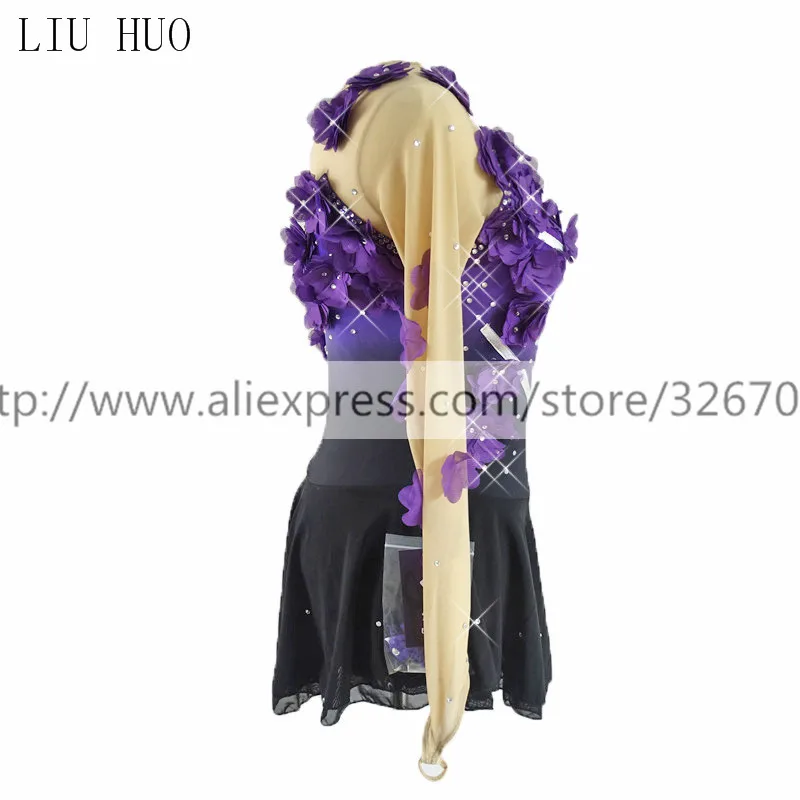 Figure Skating Dress Women's Girls' Ice Skating Dress Purple flower black Round neck long sleeve Competition Stripe pattern