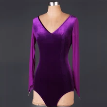 Фиолетовые костюмы с длинным рукавом для латинских танцев, женские трико для латинских танцев, костюмы для бальных танцев