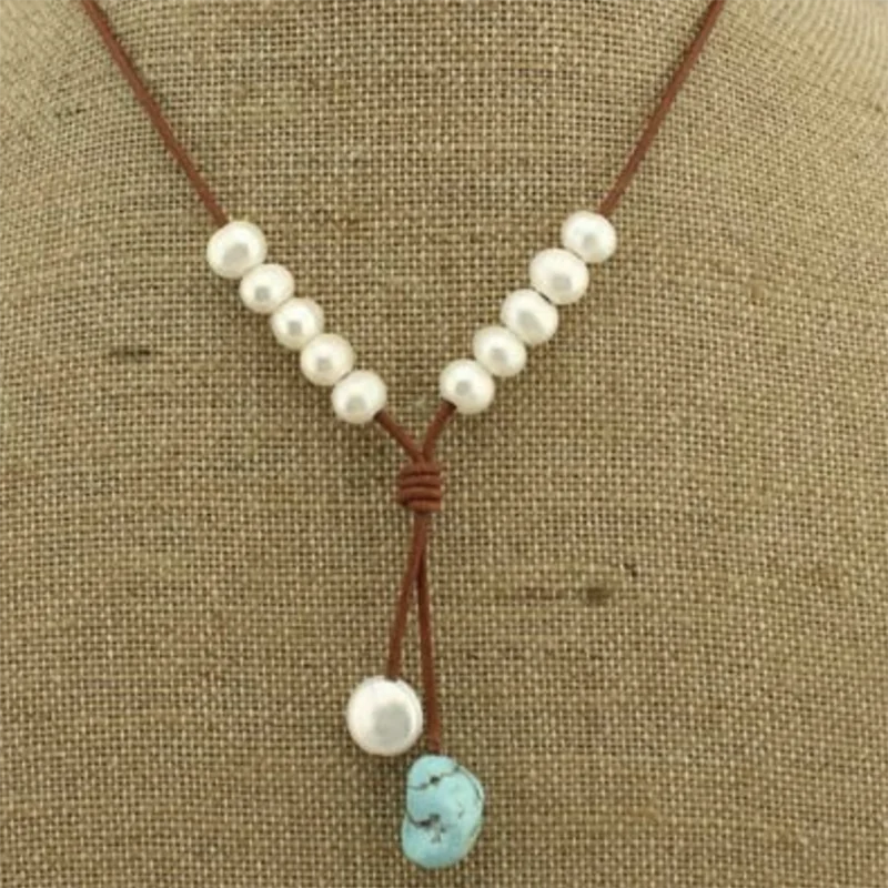 grande de cuero con perlas hechas a mano, joyería de cuero con perlas blancas, colgante de piedra Natural, collar para tipo gargantilla| - AliExpress