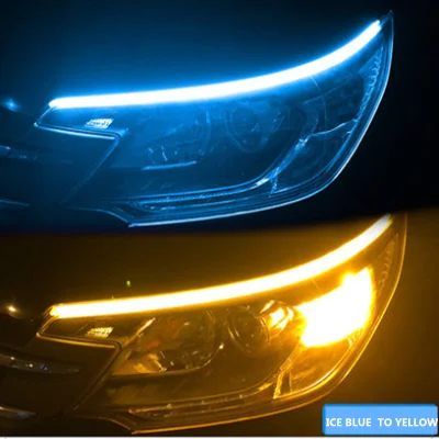 Комплект из 2 предметов, на очень тонком каблуке автомобилей сигнала СИД DRL 45/60 см светодиодный Габаритные огни Светодиодный белый переднего бампера сигнальные желтый направляющая рейка для фар Assemb - Испускаемый цвет: ICE BLUE TO YELLOW