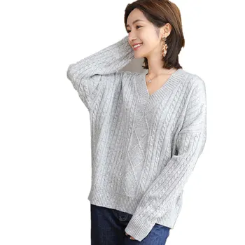 

LITVRIYH loose casual knitted sweater female pullover V-neck long sleeve thick women sweater pullover female pull femme jumpers