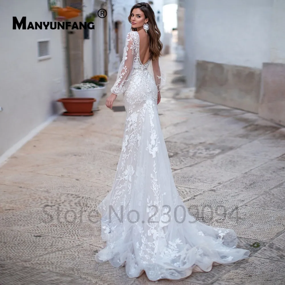 MANYUNFANG robe de mariage свадебное платье с длинными рукавами и глубоким вырезом на спине vestido boda vestido de novia bohemio
