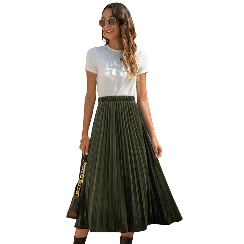 red skirt European and American summer new high-waist women's fashion velvet casual A-line pleated skirt red skirt