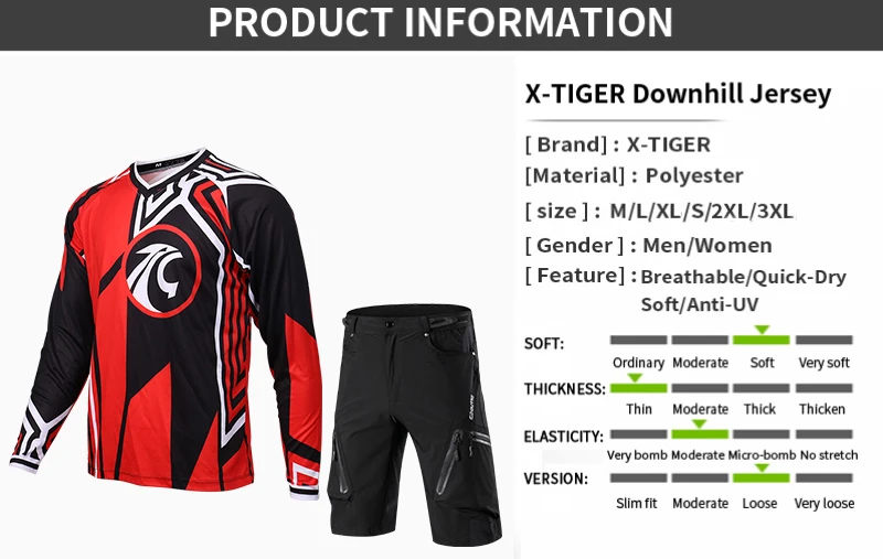 X-Tiger, весна и осень, спортивный комплект с длинным рукавом для горного велосипеда, быстросохнущие велосипедные шорты, набор, полиэстер, мотоциклетная рубашка DH