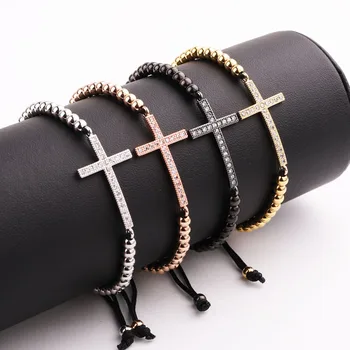 Jaravvi High Quality CZ Micro Pave Cross Stainless Steel Beads Handmade Cord Macrame Friendship Bracelet Men Women Jewelry Gift