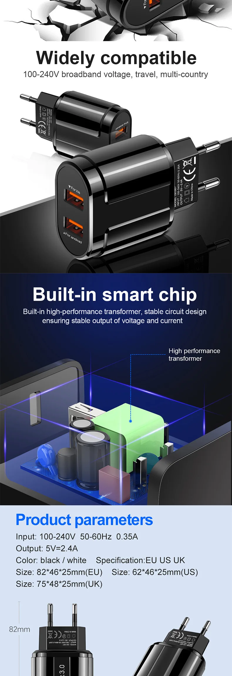 5V 2.4A USB зарядное устройство для iPhone XR XS 8 7 iPad быстрое настенное зарядное устройство адаптер EU/US для samsung S10 Xiaomi Mi 9 зарядное устройство для мобильного телефона