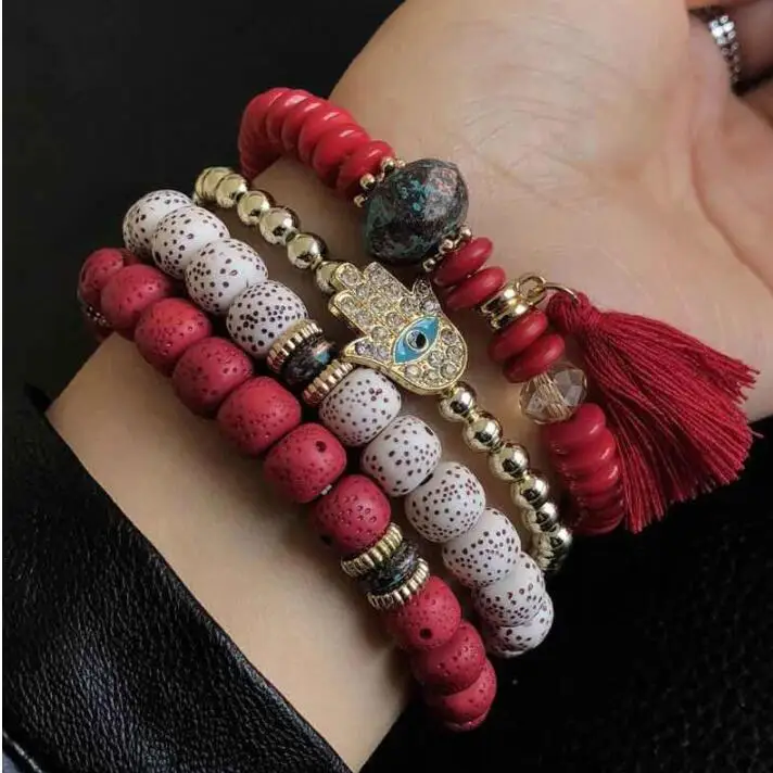 4pcs Boho Hand And Eyes Pendant Charm Natural Beads Bracelets Set Women Lava Stone Wristband Bracelet Bangles Factory price