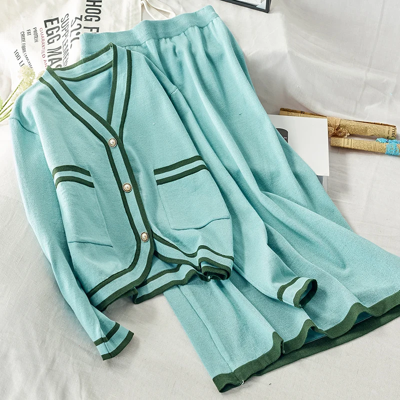 

Autumn Women Euro Knitted Single-breasted Solid Color Sweater & Mid-calf Skirt Urban Ladies Long Sleeves Elegant 2 Piece Set