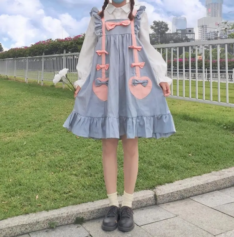 Japanese Summer Sweet Lolita Style Dress Square Collar Kawaii Bow Splice Strap Dress Sleeveless Cute Ruffles Mori Girl Dresses