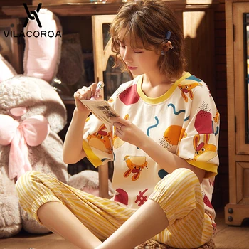 

Cotton Home Pyjamas Women 2 Piece Set Sleepwear Round Neck Short Sleeve Print Tops Shorts Two-piece Suit Pyjamas Women Sleepwear